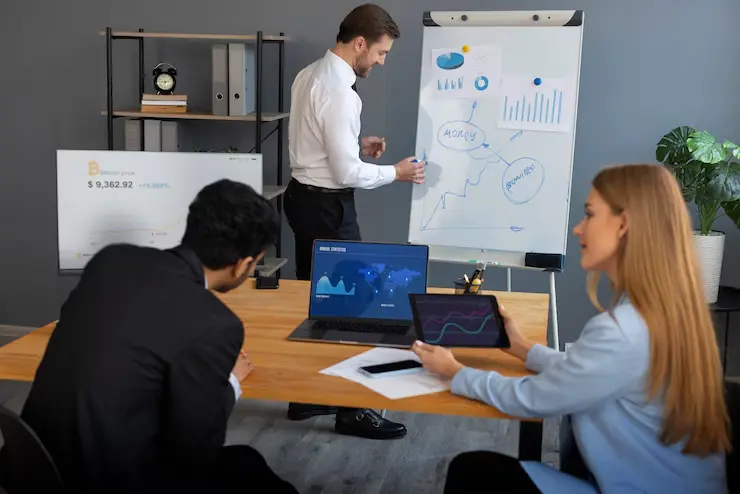 Business person looking finance graphs 23 2150461327