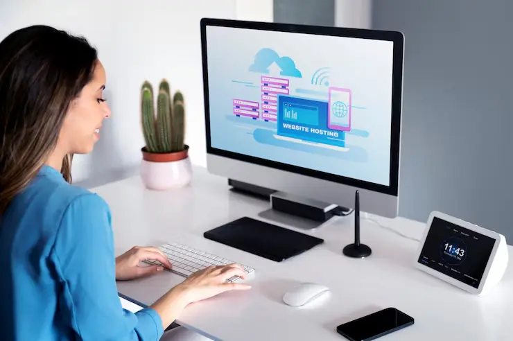 Website hosting concept with woman working computer 23 2149406785